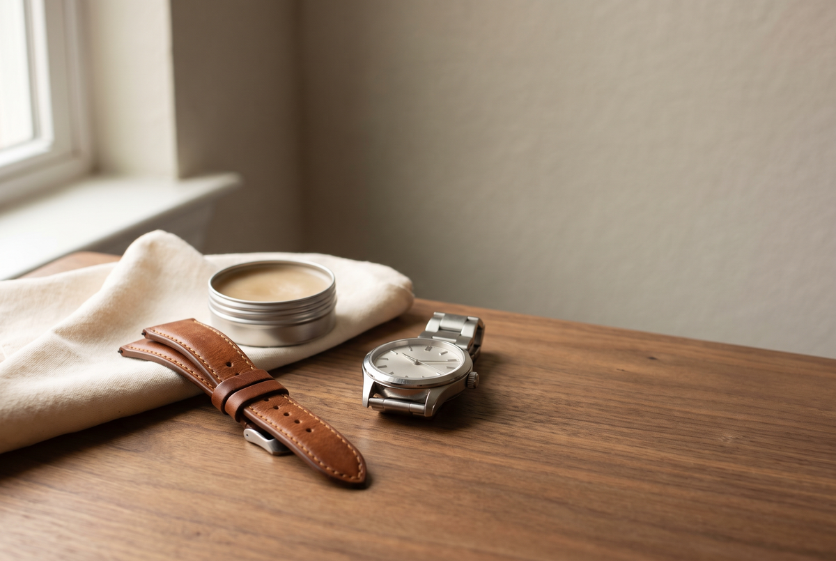 Bracelet de montre en cuir cognac avec chiffon et baume d'entretien