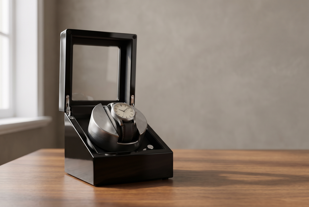 Remontoir de montre ouvert avec une montre automatique sur son coussin