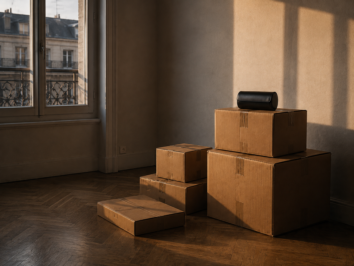 Étui de voyage pour montres posé sur des cartons de déménagement dans une pièce vide éclairée par la fenêtre