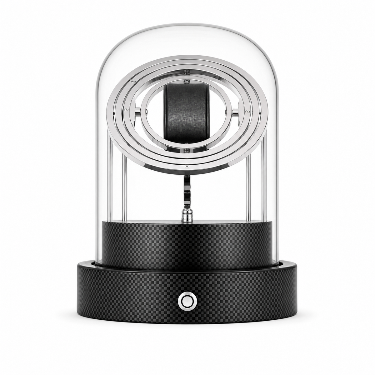 Remontoir Pulsar Carbone vu de face, cloche de verre et socle en fibre de carbone — Maison Orvian