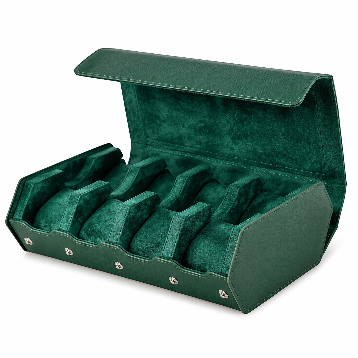 Étui de voyage Traversée en cuir vert pour huit montres, intérieur daim et coussins amovibles — Maison Orvian