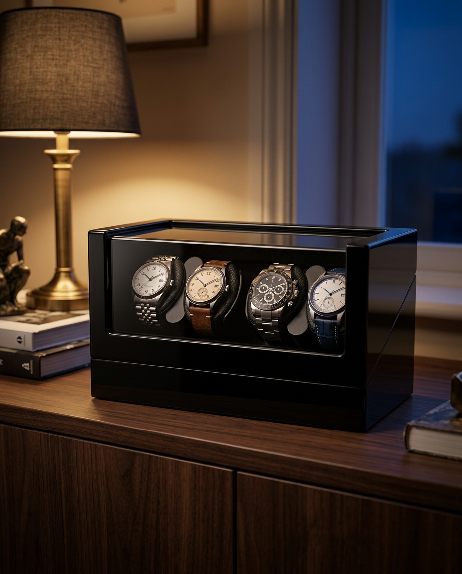 Remontoir Atlas 4 montres fermé sur un buffet