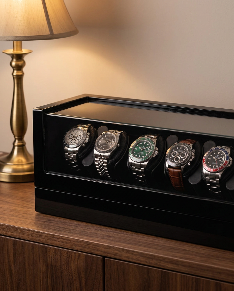 Remontoir Atlas 6 montres fermé sur un buffet