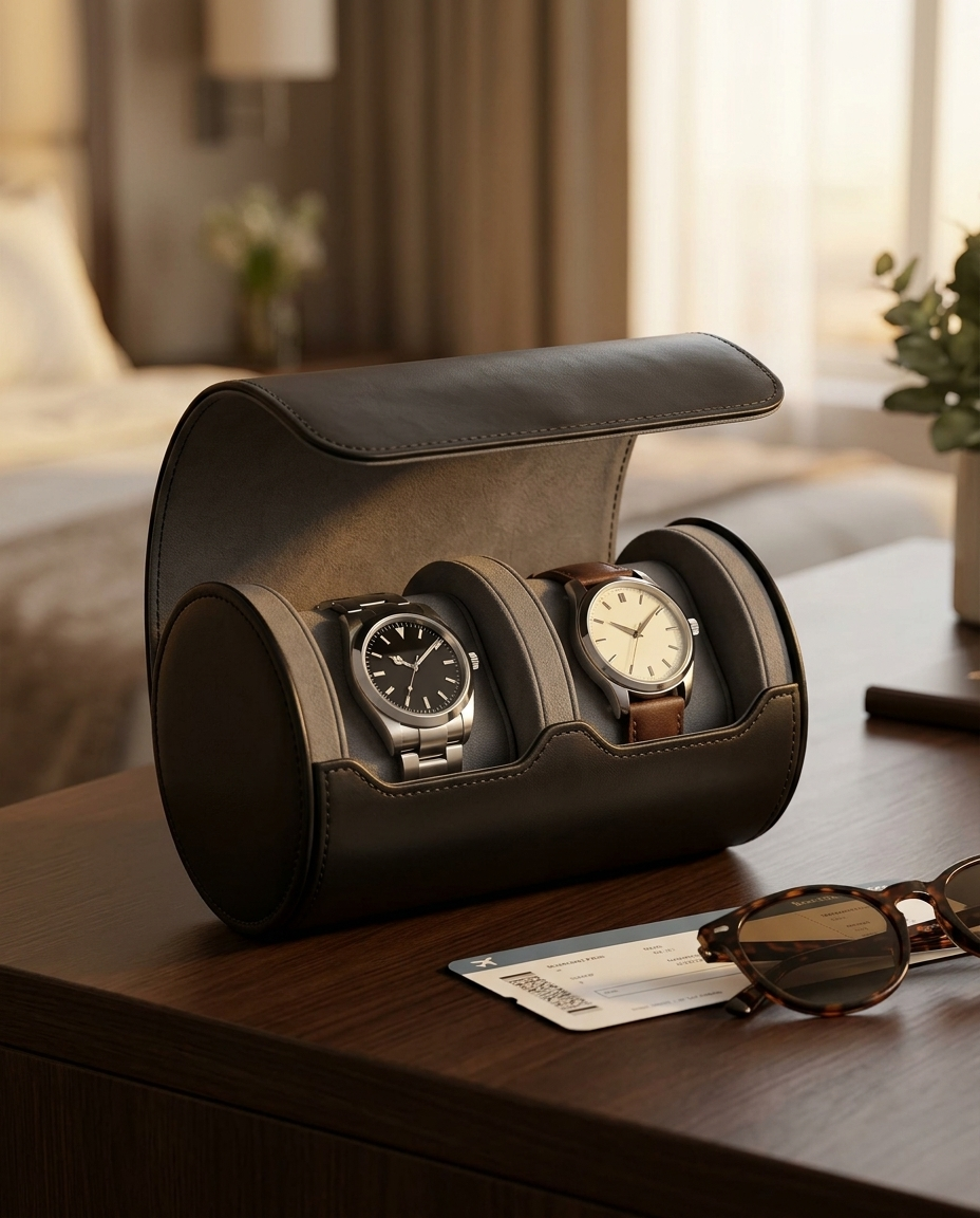 Étui Cabotage 2 montres sur un bureau d'hôtel