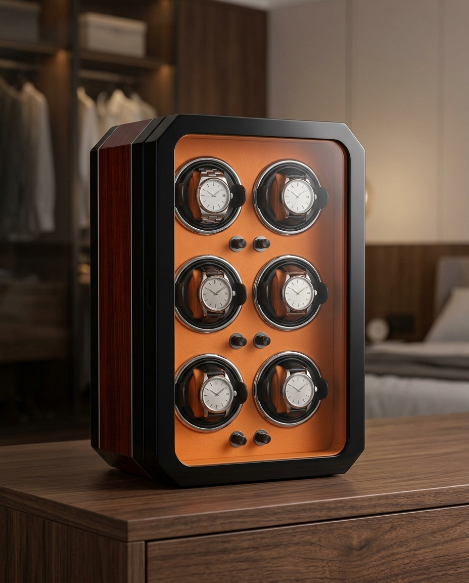 Remontoir Cassiopée 6 montres sur une commode, six montres automatiques