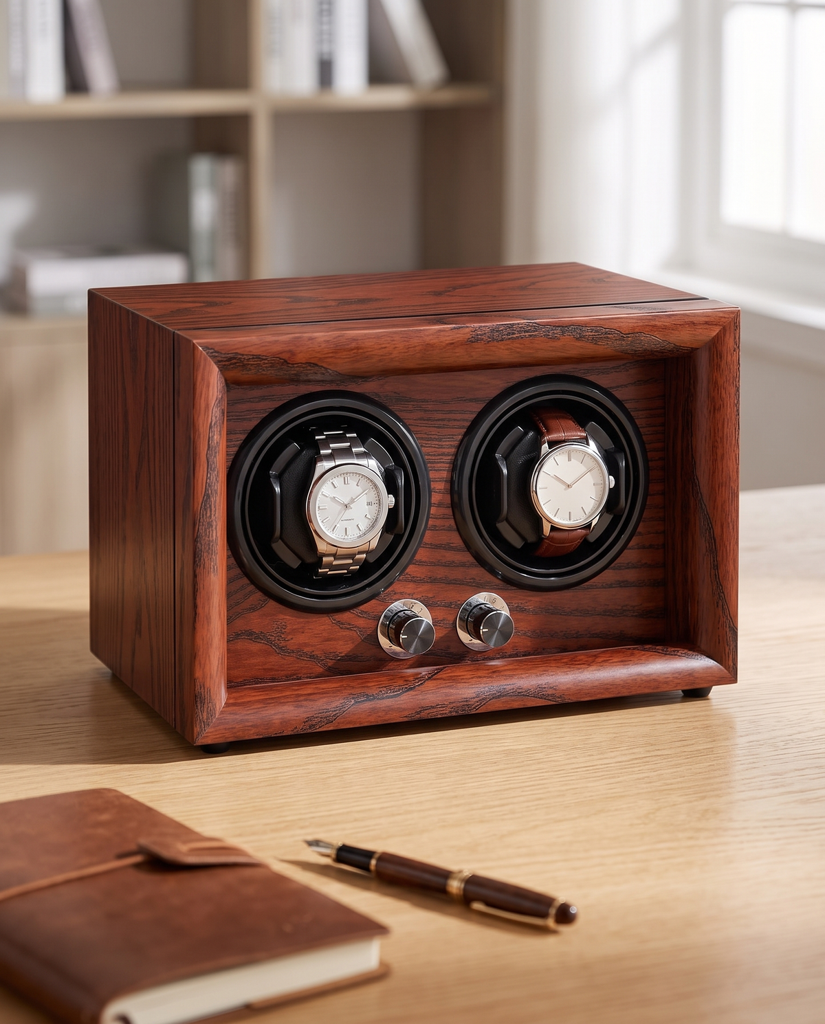 Remontoir Castor 2 montres en bois sur un bureau