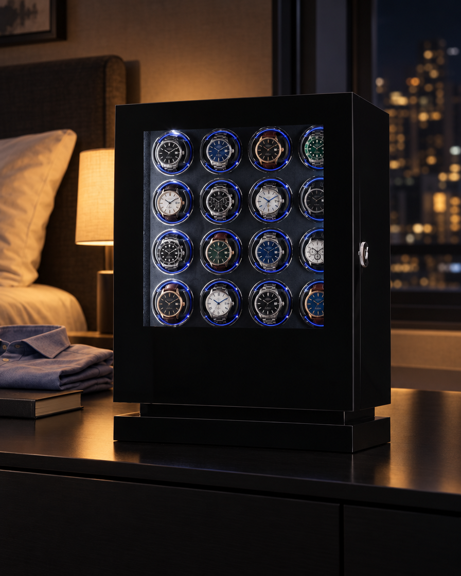 Remontoir Éclipse 16 montres sur une console de chambre la nuit
