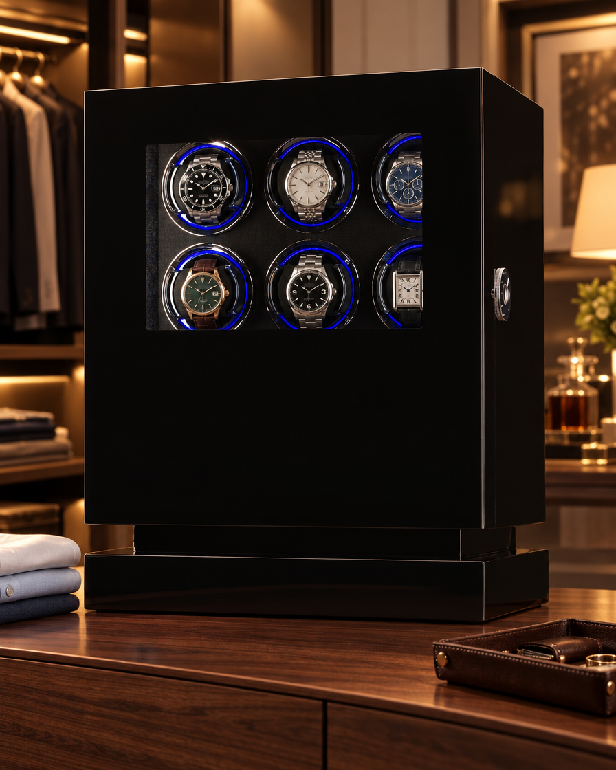 Remontoir Éclipse 6 montres en laque noire dans un dressing