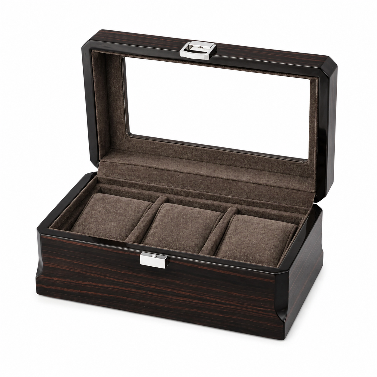 Boîte à montres Richelieu noire pour trois montres, couvercle vitré et compartiments capitonnés — Maison Orvian
