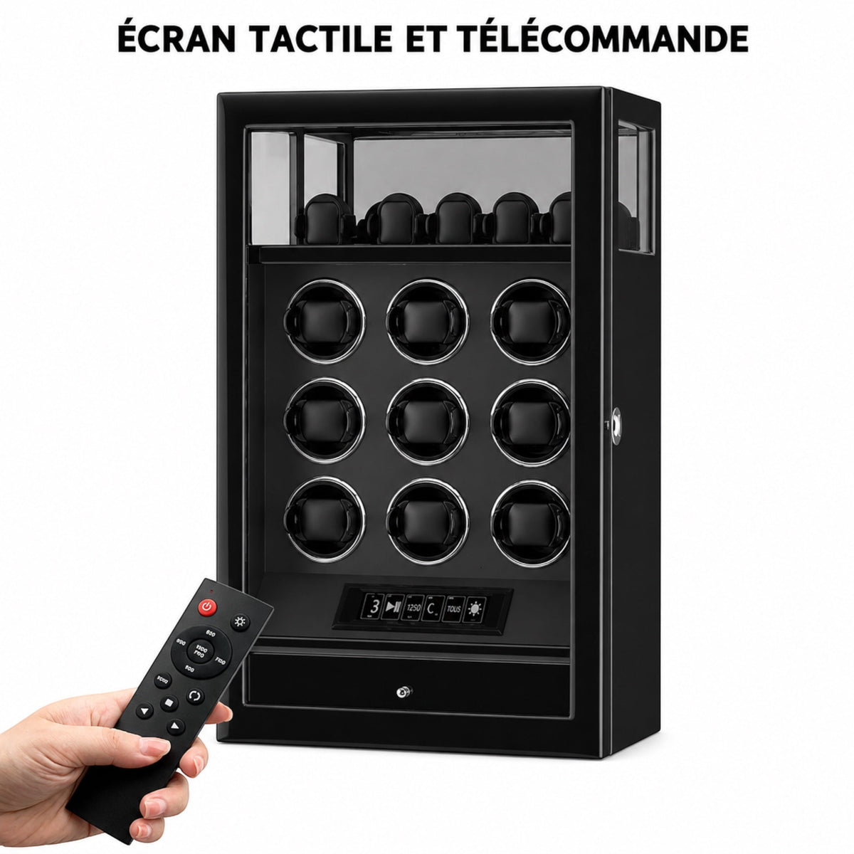 Remontoir Rigel 9 montres, laque piano noire, porte vitrée et télécommande — Maison Orvian