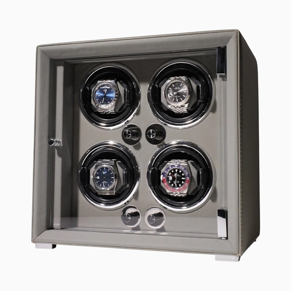 Remontoir Andromède 4 montres finition anthracite, porte vitrée et serrure biométrique — Maison Orvian