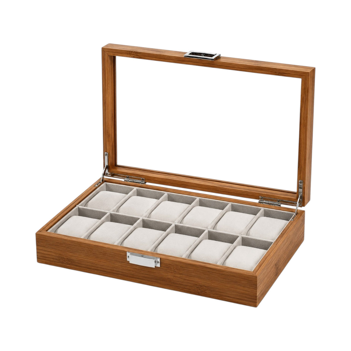Boîte à montres Maison Orvian Luxembourg en bambou massif pour 10 montres avec couvercle vitré et coussins beiges