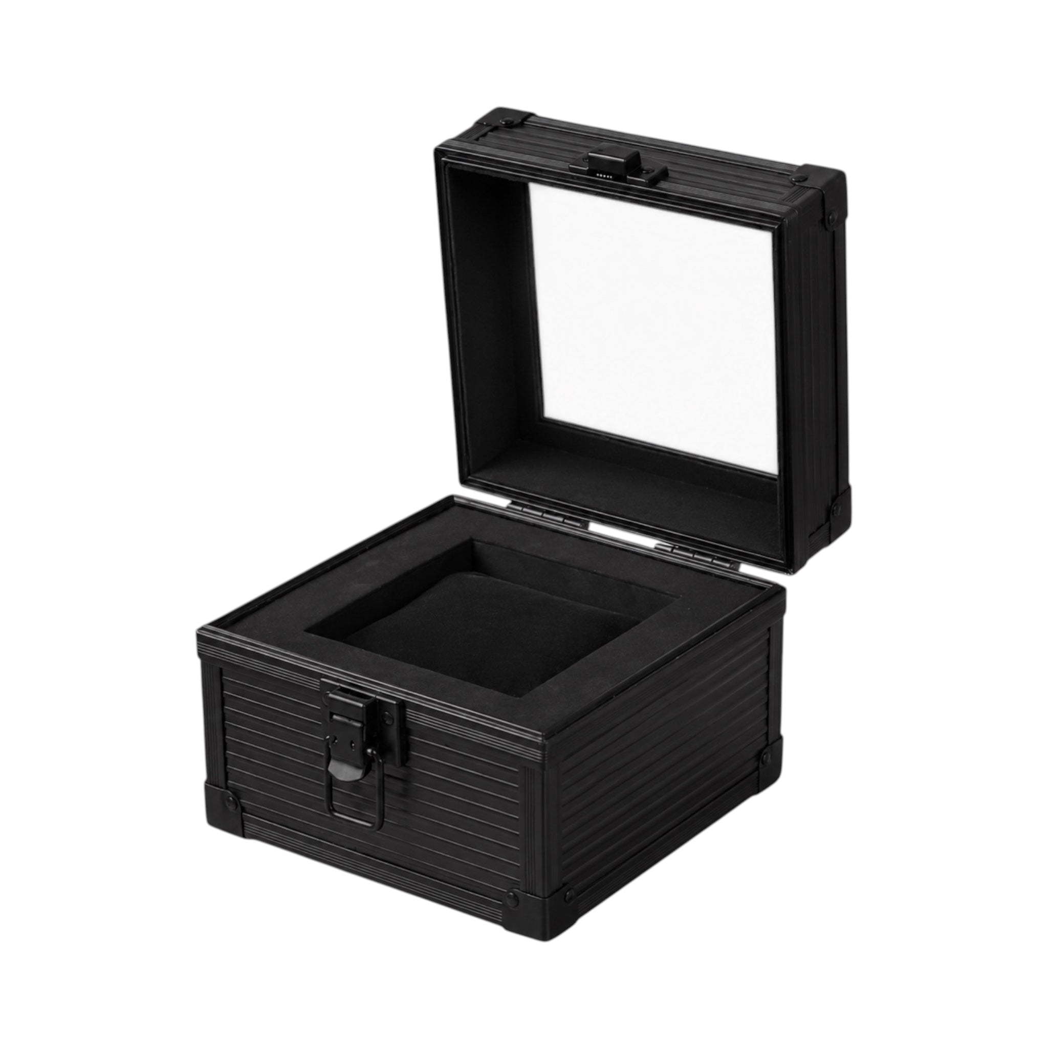 Boîte à montres Maison Orvian Madeleine noire pour une montre avec intérieur capitonné et couvercle vitré