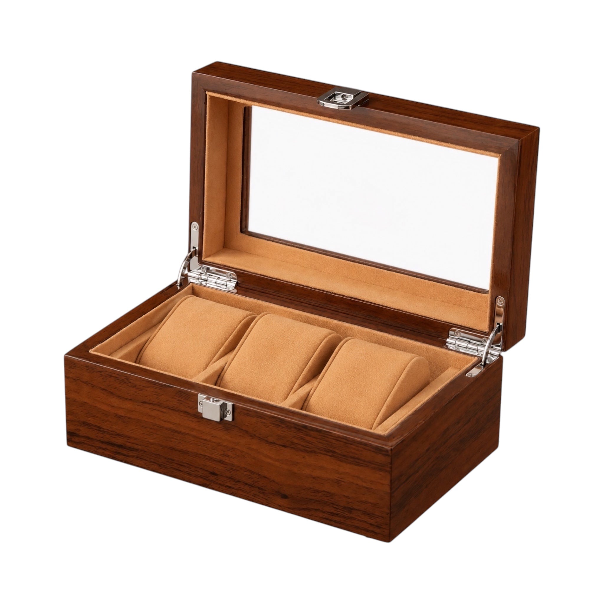 Boîte à montres Maison Orvian Rivoli en bois brun pour 3 montres avec couvercle vitré et intérieur en flanelle beige
