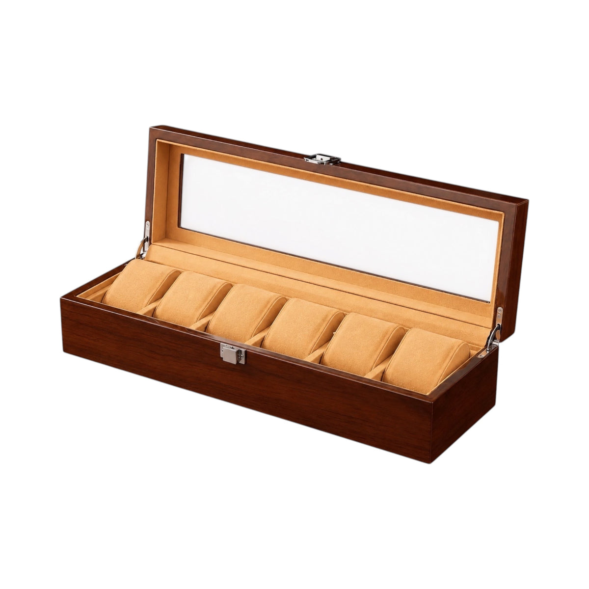 Boîte à montres Maison Orvian Rivoli en bois brun pour 6 montres avec couvercle vitré et intérieur capitonné beige