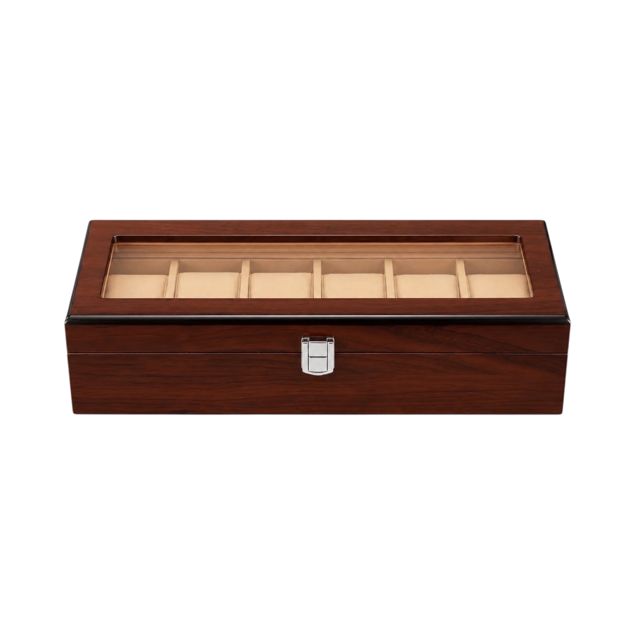 Boîte à montres Maison Orvian Rivoli en bois brun pour 6 montres avec couvercle vitré et intérieur capitonné beige