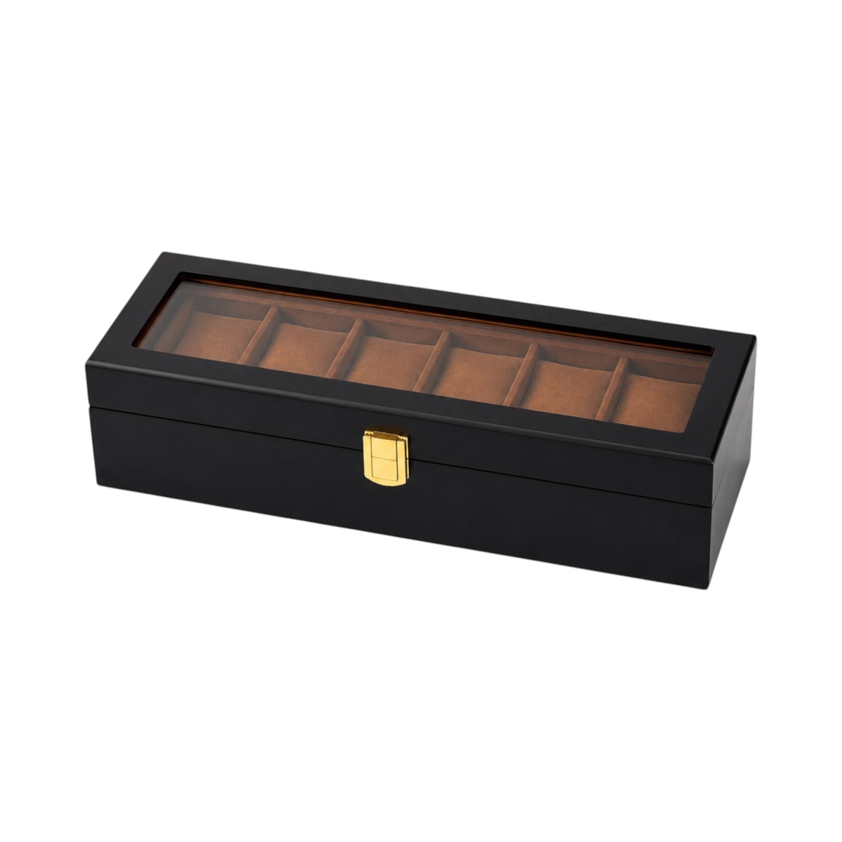 Boîte à montres Maison Orvian Vendôme en bois noir avec couvercle en verre pour 6 montres et intérieur en daim