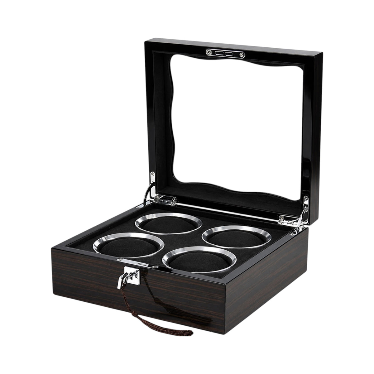 Boîte à montres Maison Orvian Opéra en bois laqué noir avec couvercle vitré pour 4 montres et intérieur en flanelle.
