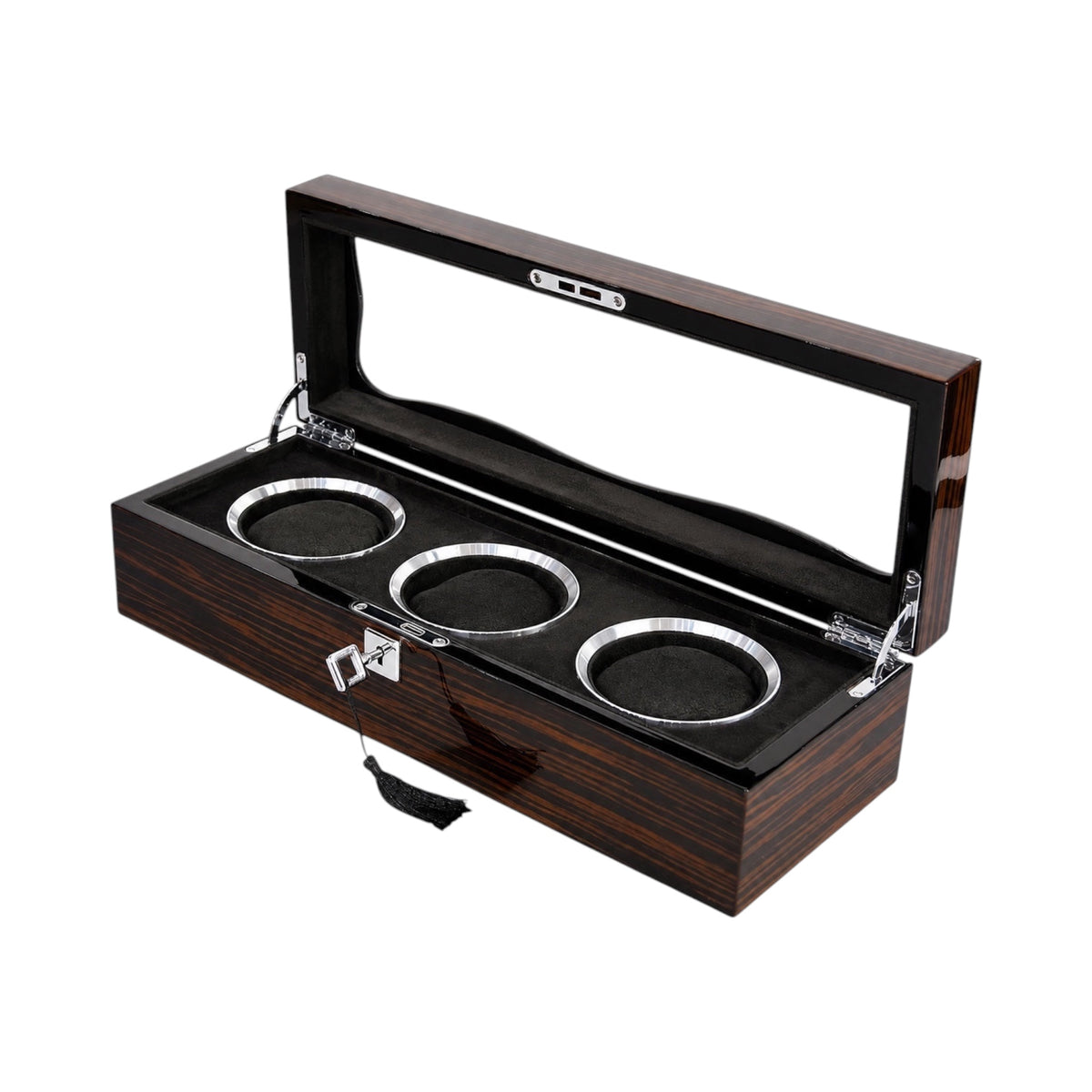 Boîte à montres Maison Orvian Opéra pour 3 montres en bois laqué noir brillant avec couvercle en verre et flanelle