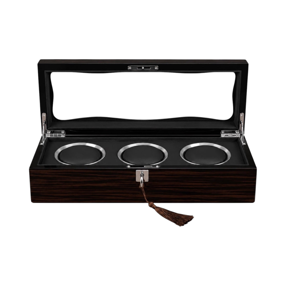 Boîte à montres Maison Orvian Opéra pour 3 montres en bois laqué noir avec couvercle en verre et intérieur en flanelle