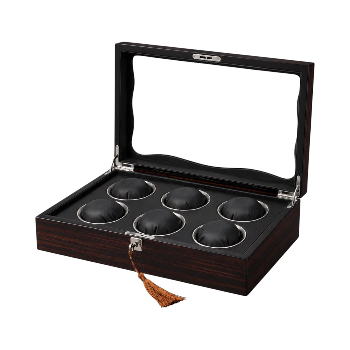 Boîte à montres Maison Orvian Opéra pour 6 montres en bois laqué noir avec couvercle vitré et intérieur en flanelle