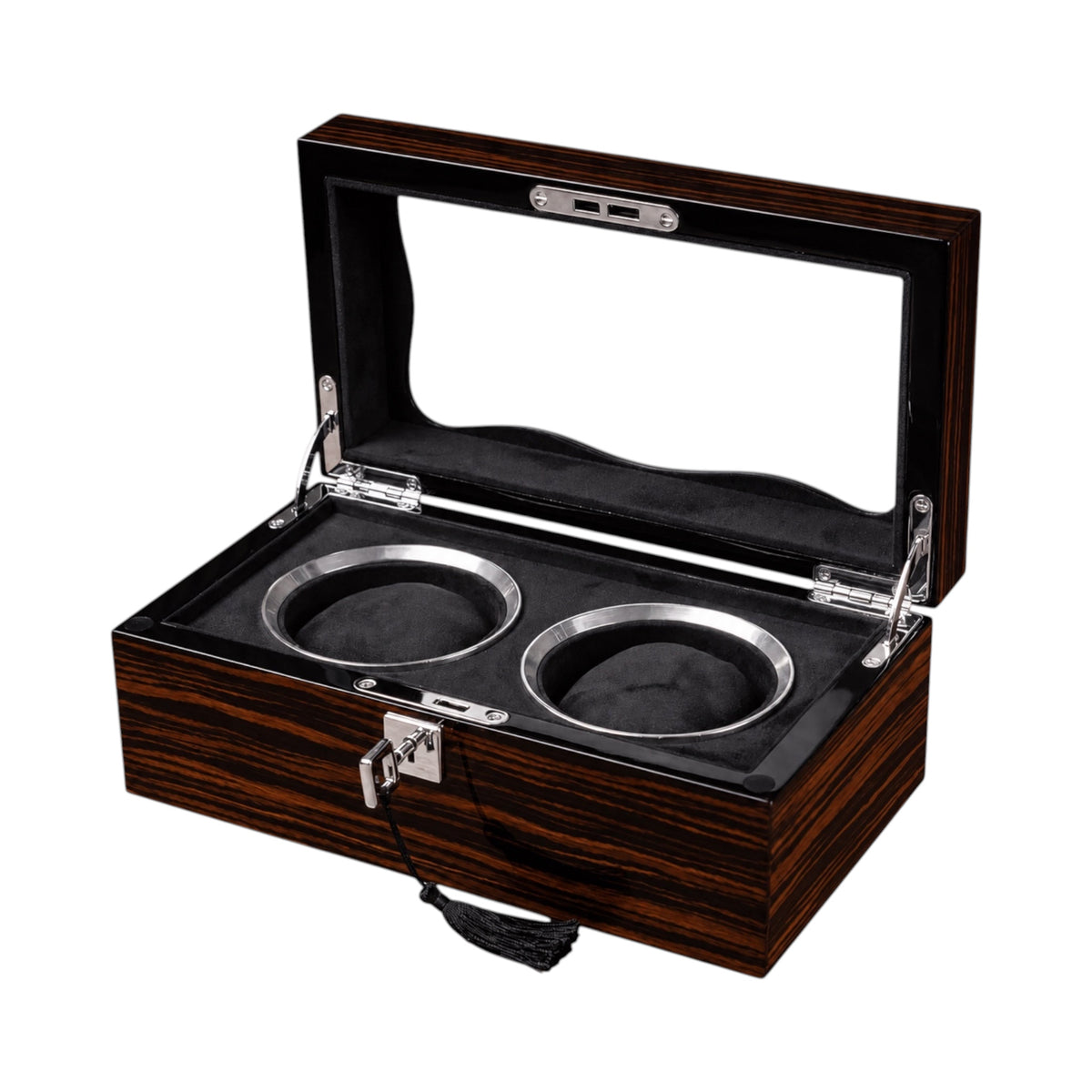 Boîte à montres Maison Orvian Opéra pour 2 montres en bois avec finition laque piano noire et couvercle vitré