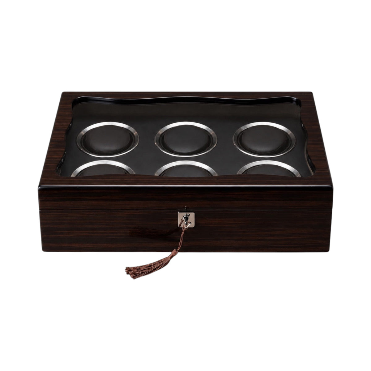 Boîte à montres Maison Orvian Opéra pour 6 montres en bois avec finition laque piano noire et couvercle vitré