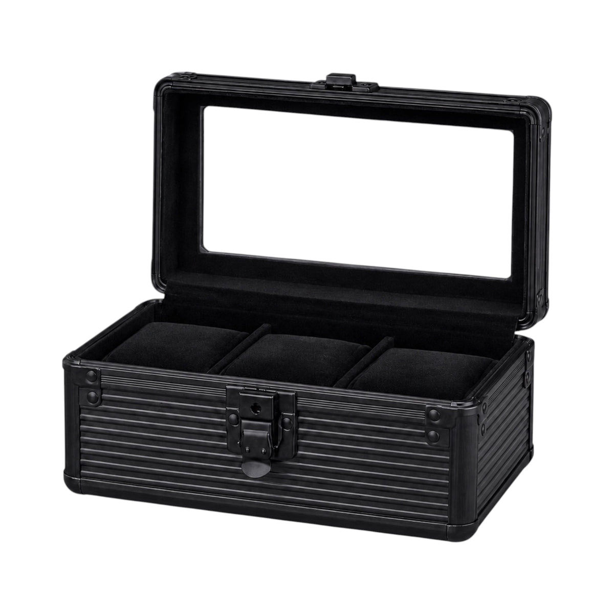 Boîte à montres Maison Orvian Madeleine noire pour 3 montres avec couvercle vitré et intérieur capitonné