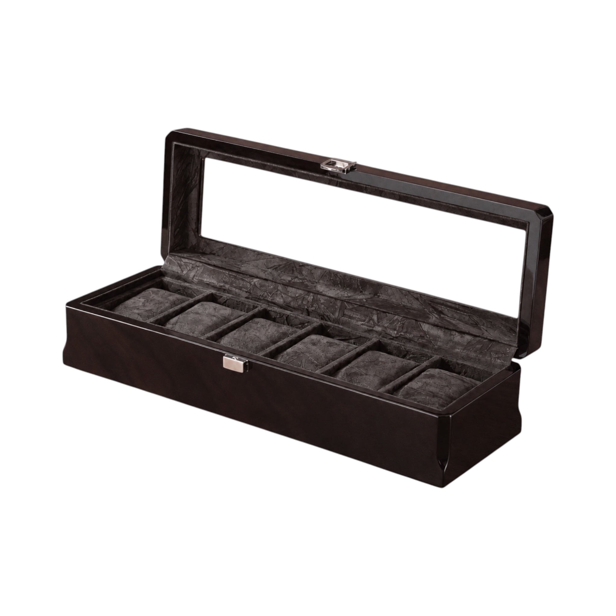 Boîte à montres Maison Orvian Richelieu noire pour 6 montres avec couvercle vitré et intérieur capitonné