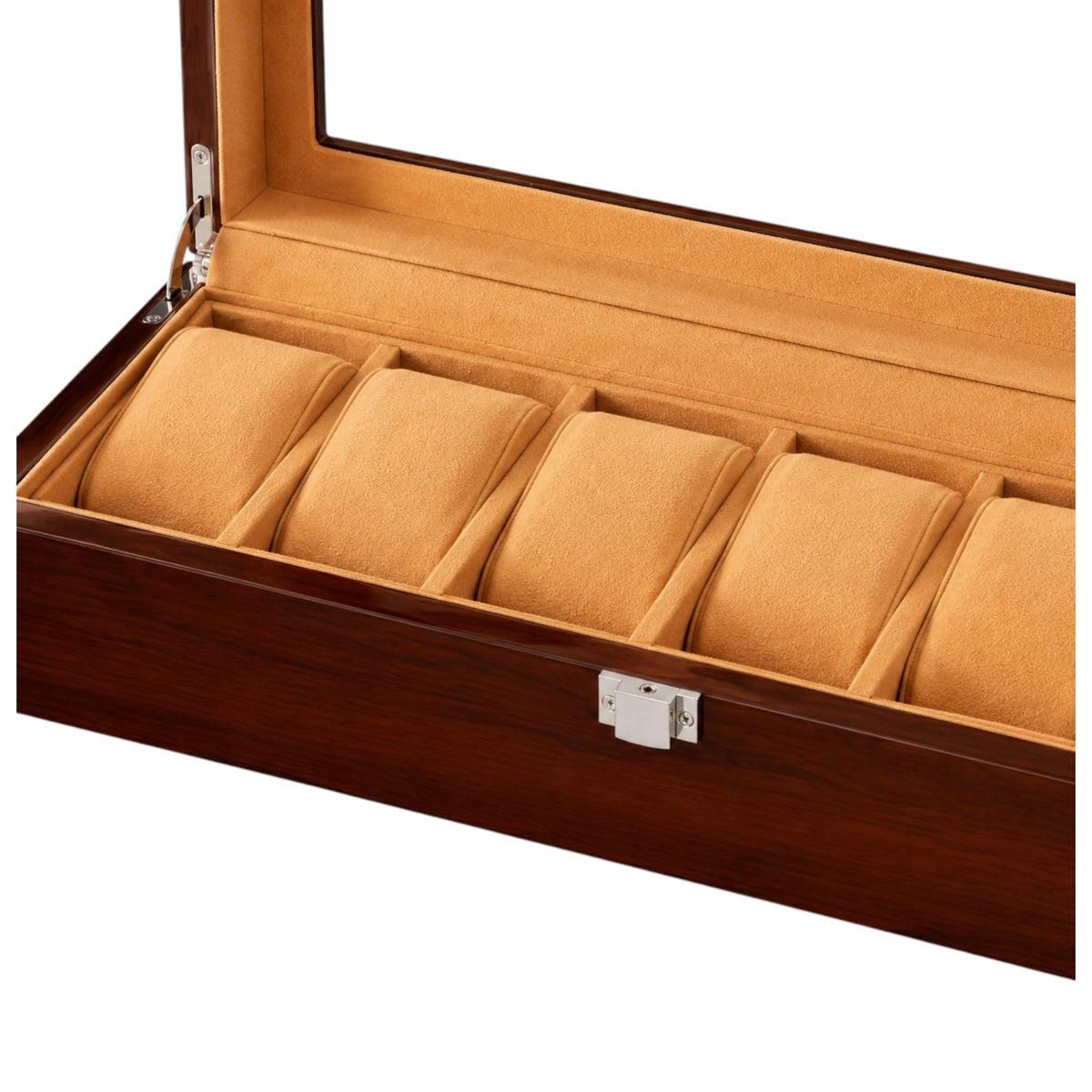 Boîte à montres Maison Orvian Rivoli en bois brun avec couvercle vitré et intérieur capitonné pour 6 montres