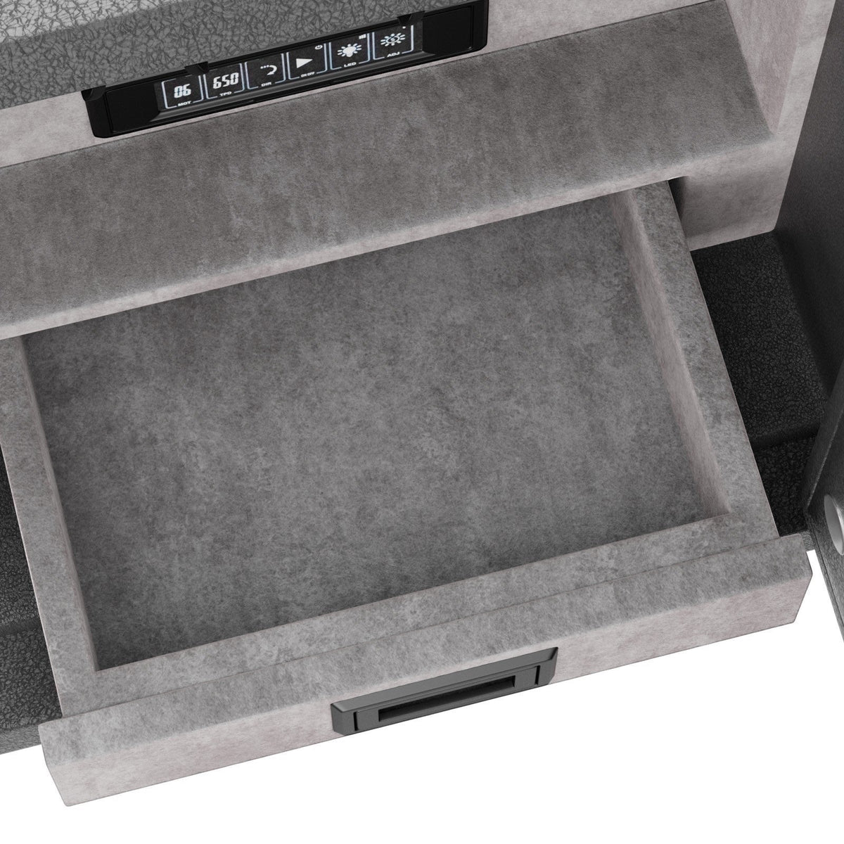 Tiroir de rangement intérieur en velours gris du coffre-fort Maison Orvian Sirius avec écran de contrôle tactile