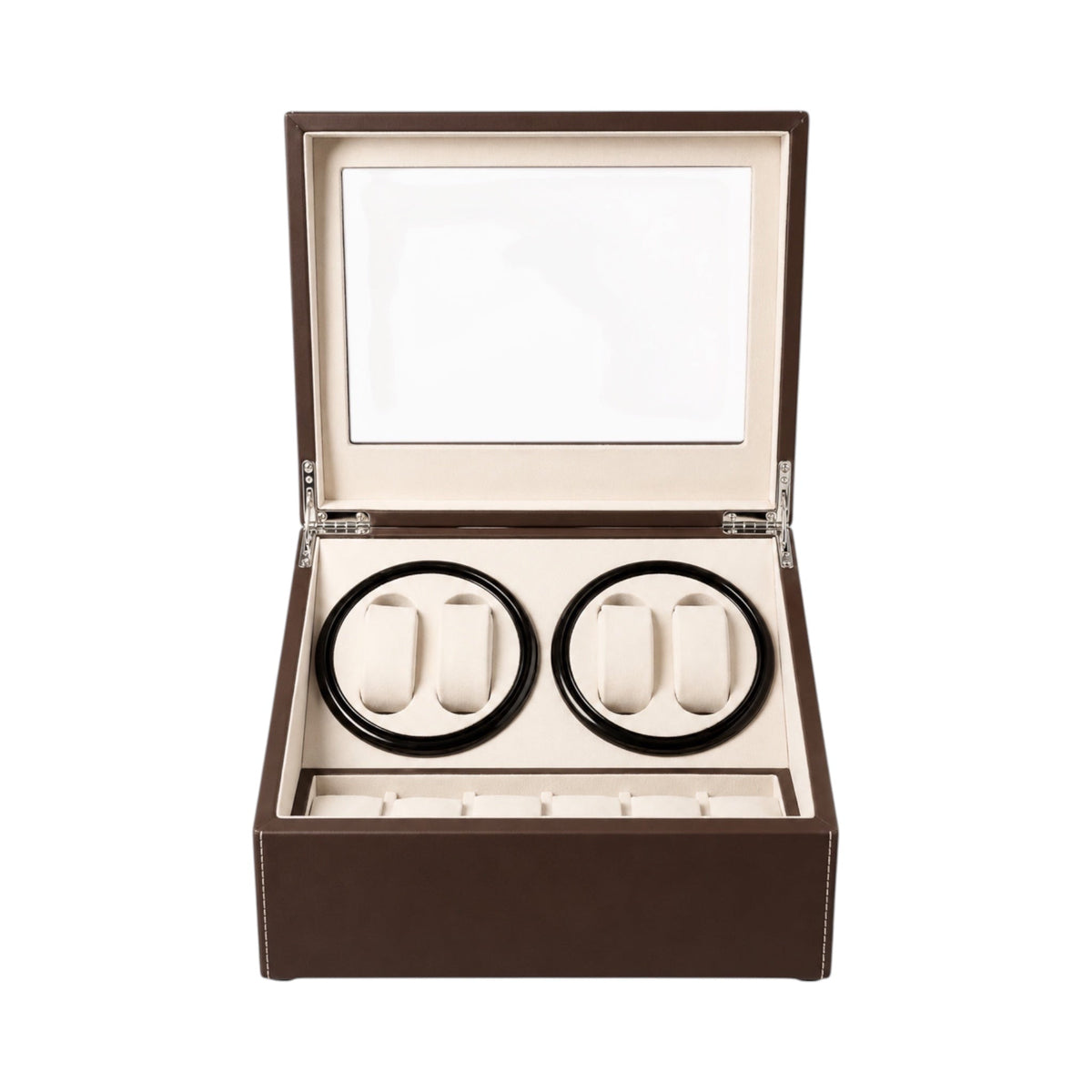 Coffret remontoir Maison Orvian Cosmos marron en simili cuir avec 4 emplacements motorisés et 6 rangements en daim beige