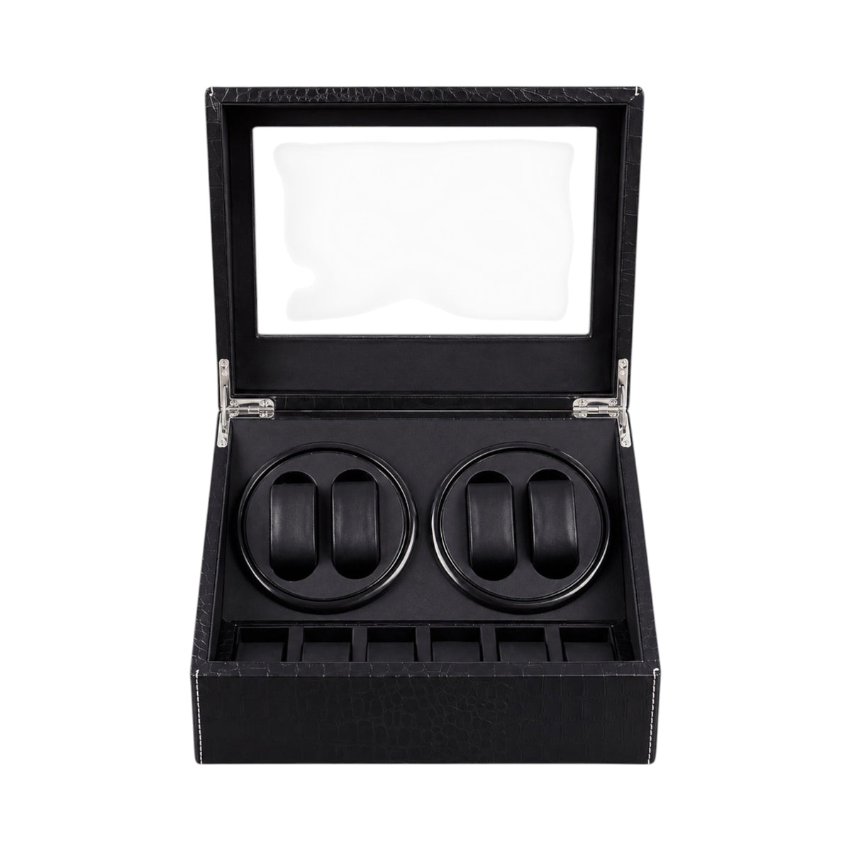 Coffret remontoir Maison Orvian Cosmos noir en simili cuir avec 4 emplacements motorisés et 6 rangements pour montres