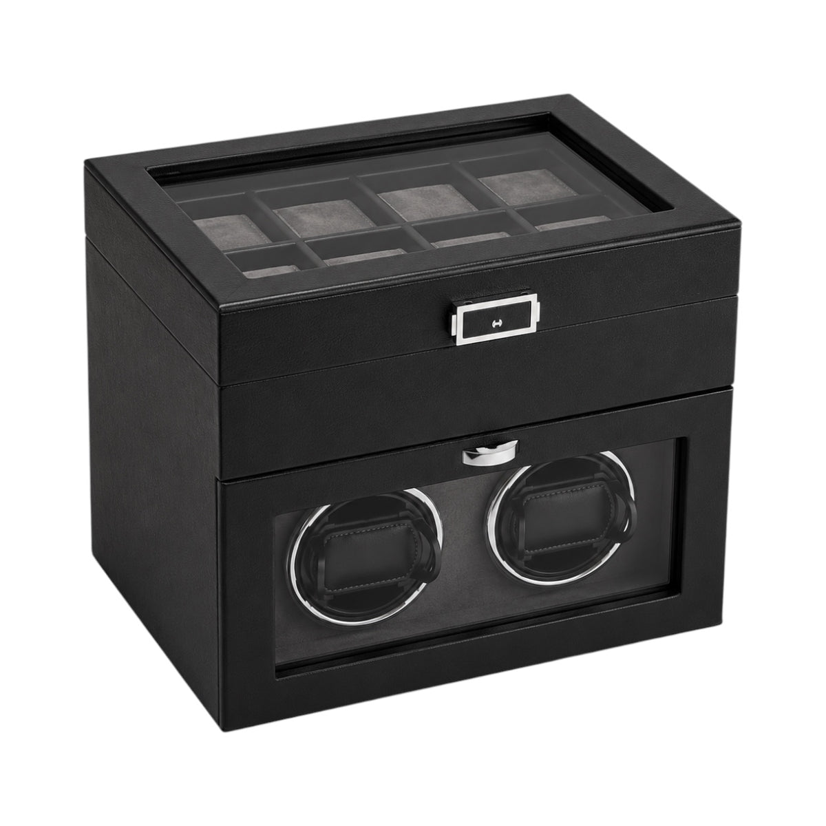 Coffret remontoir Maison Orvian noir pour 10 montres avec couvercle vitré, moteur silencieux et intérieur en suédine