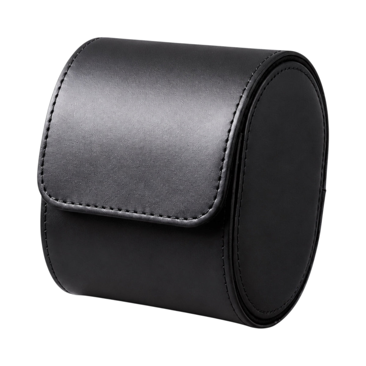 Étui de voyage Maison Orvian pour une montre, format tonneau compact en similicuir noir avec coutures ton sur ton.