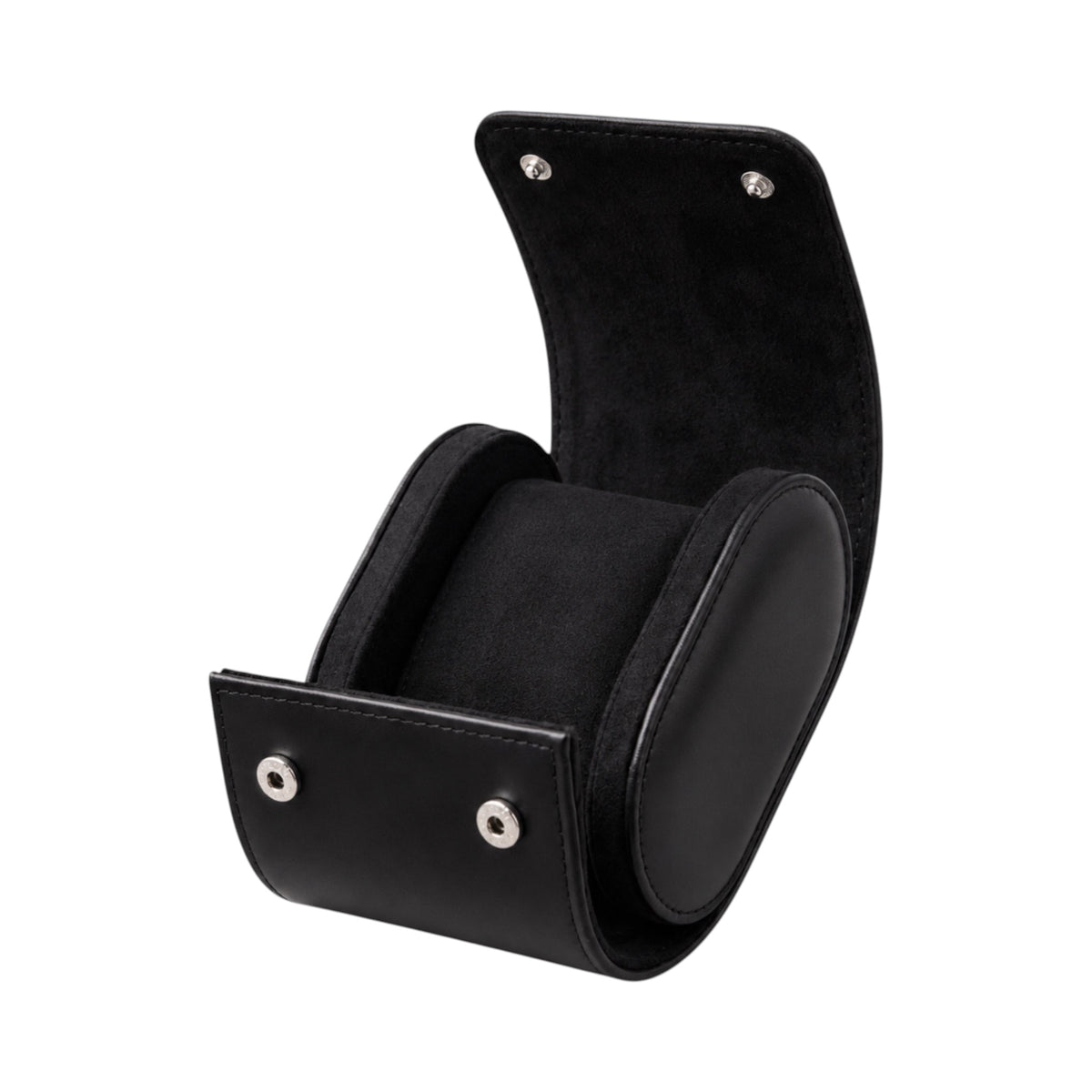 Étui de voyage pour montre Maison Orvian en similicuir noir, format tonneau avec intérieur en microfibre douce