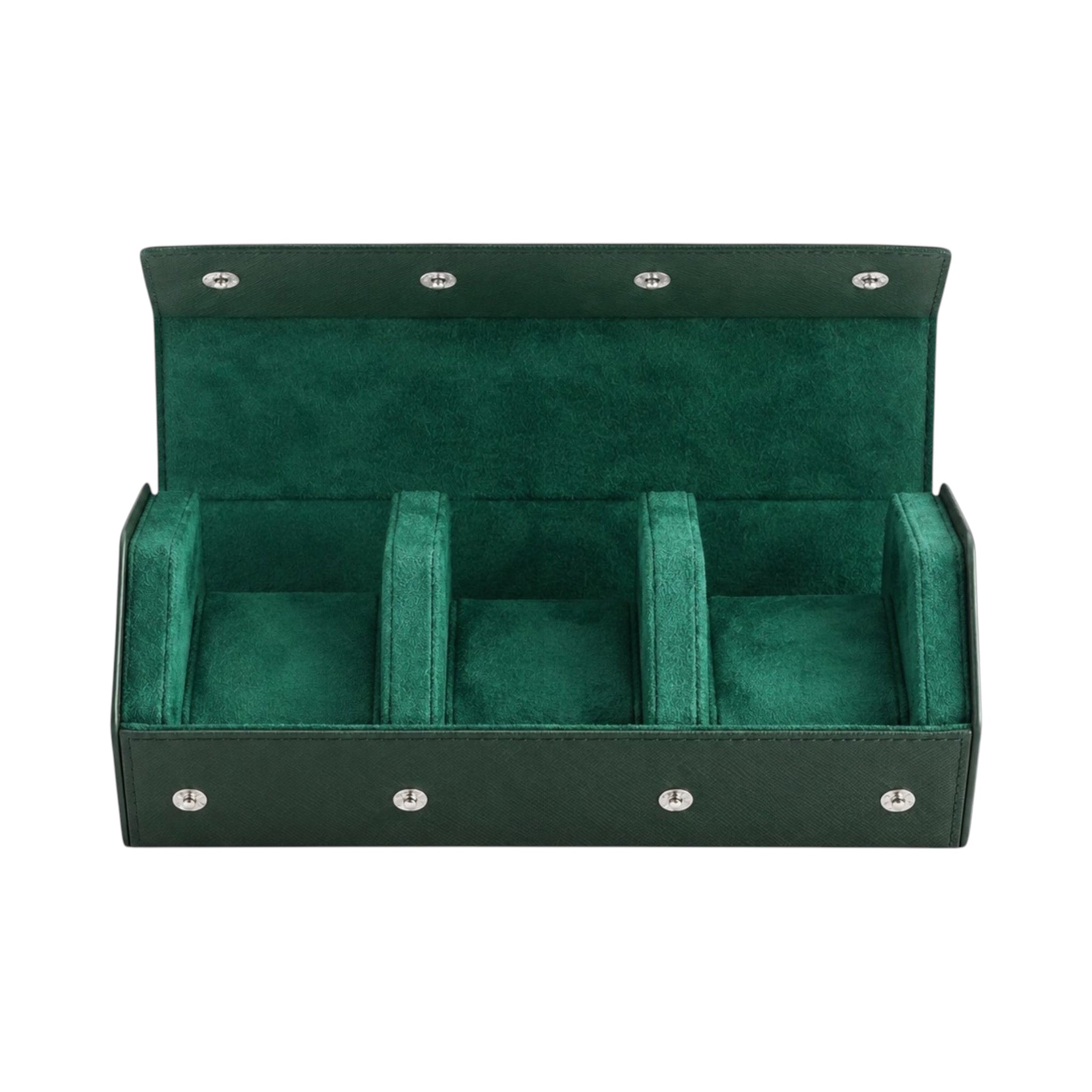 Étui de voyage Maison Orvian pour 3 montres en cuir vert avec intérieur en daim doux et coussins amovibles
