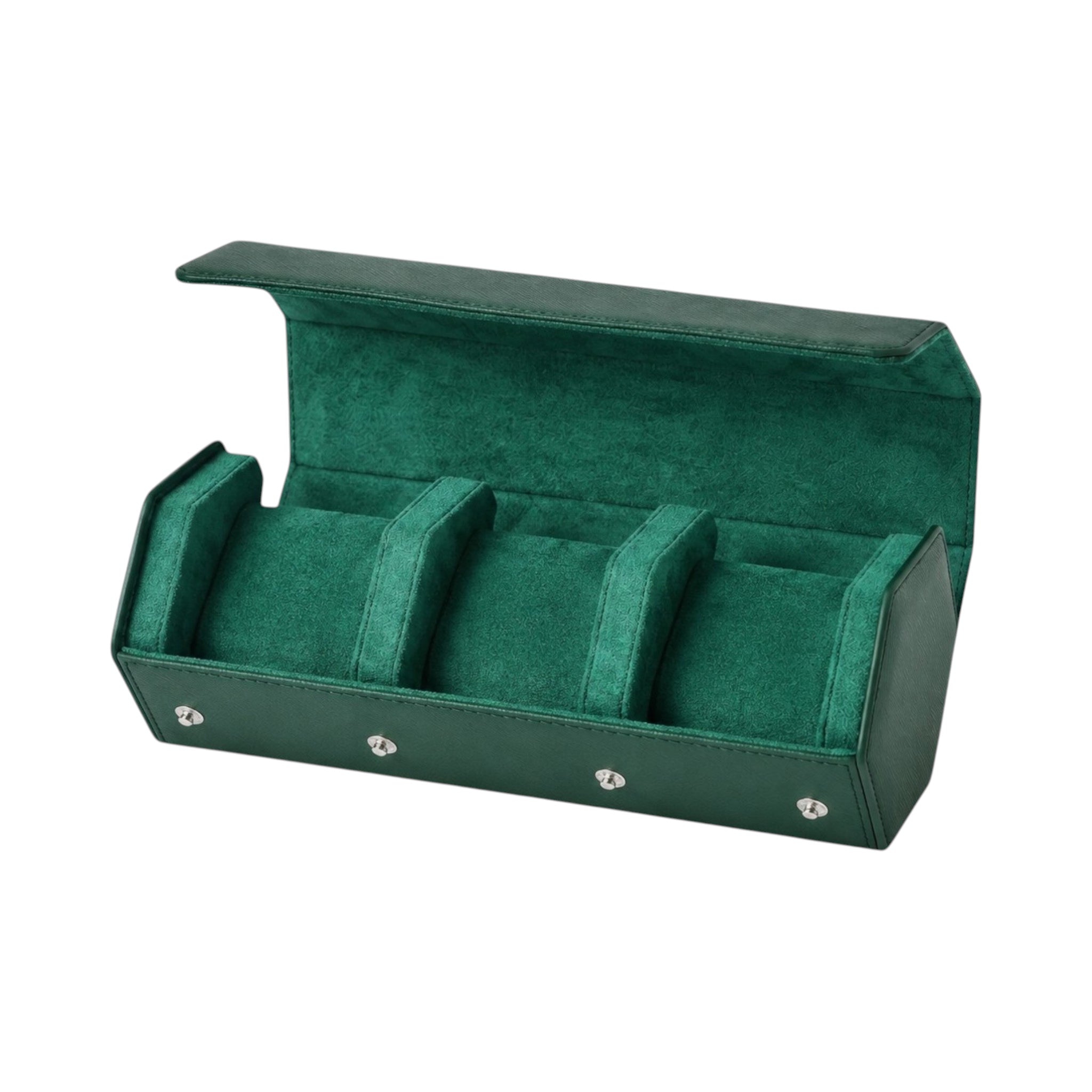 Étui de voyage Maison Orvian pour 3 montres en cuir vert avec intérieur en daim doux et coussins amovibles