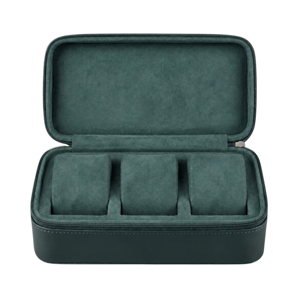Étui de voyage Maison Orvian pour 3 montres en cuir vert avec compartiments individuels et intérieur protecteur doux