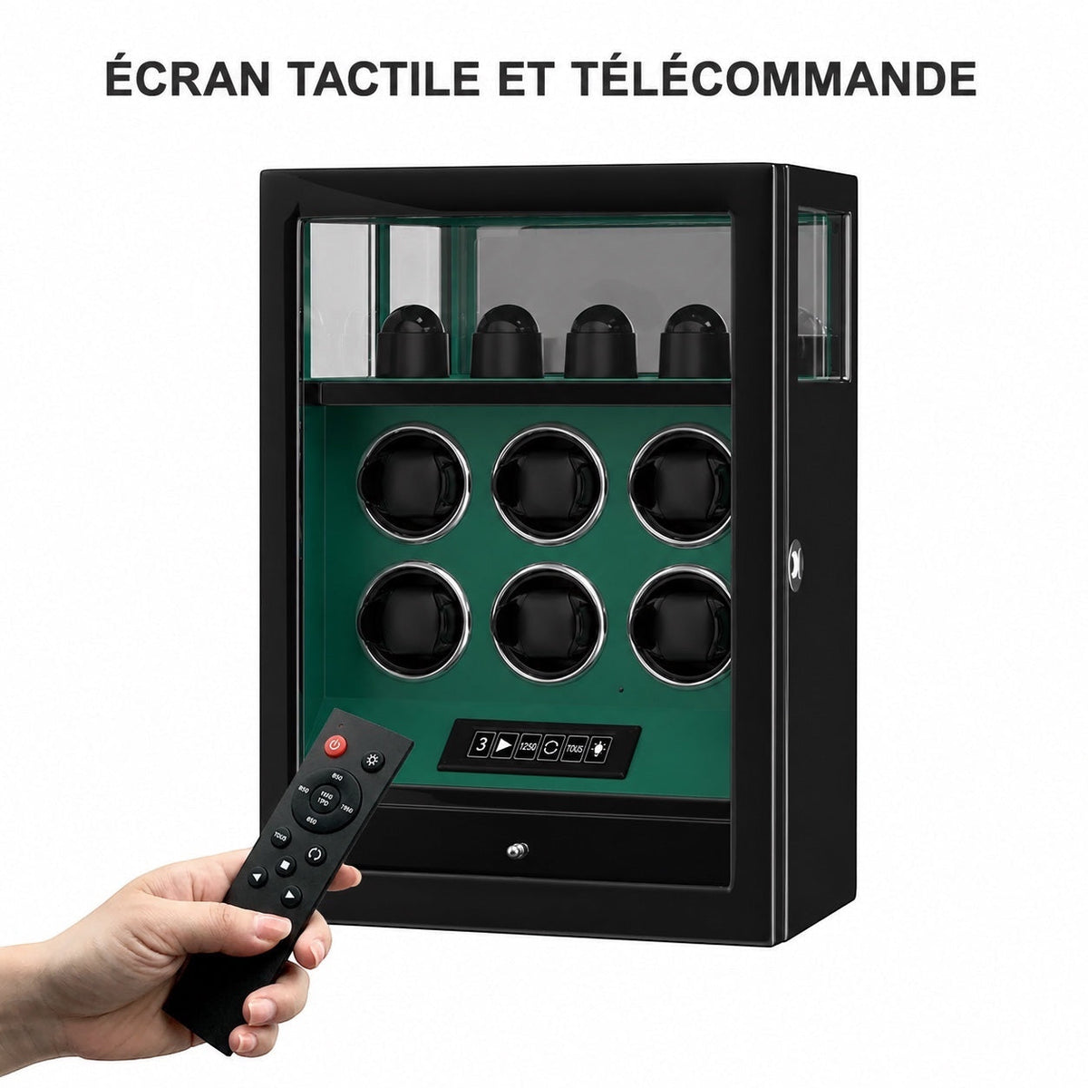 Remontoir Véga vert laque piano, écran tactile et télécommande — Maison Orvian