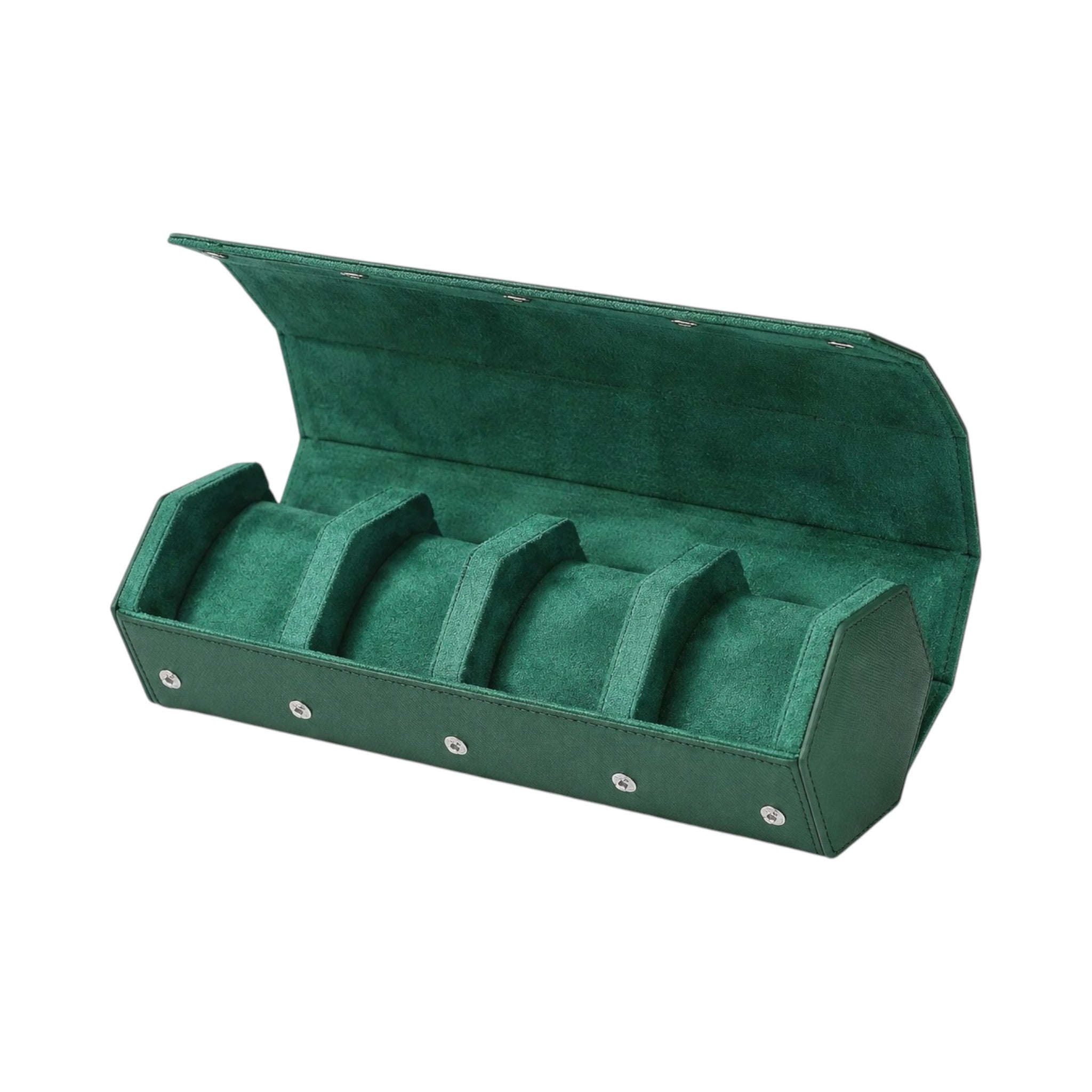 Étui de voyage Traversée en cuir vert pour quatre montres, intérieur daim et coussins amovibles — Maison Orvian