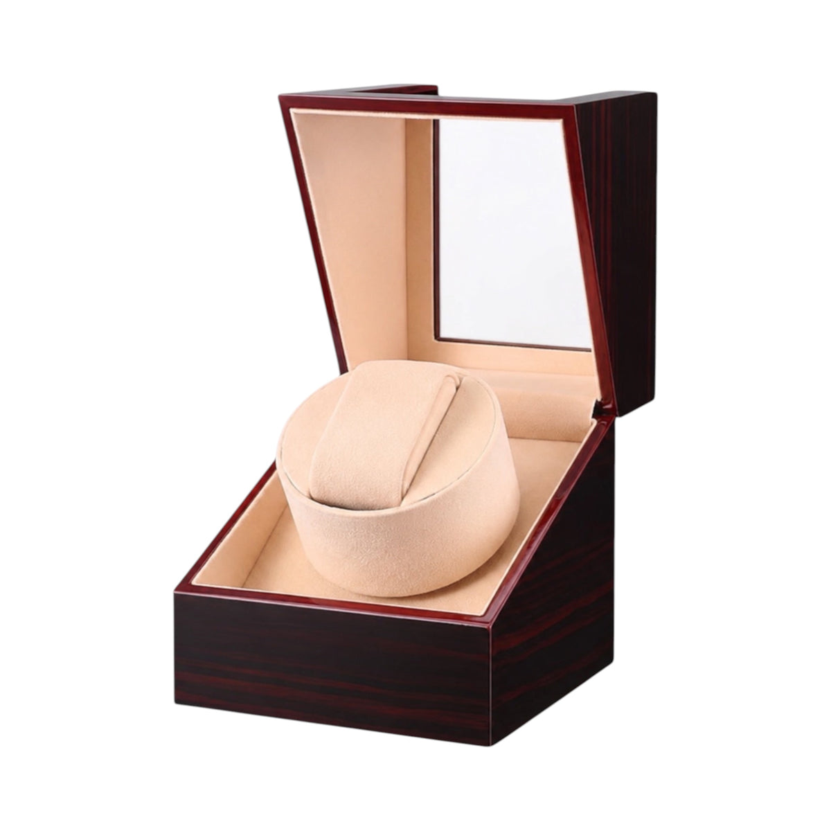 Remontoir pour montre automatique Maison Orvian en bois sombre verni avec intérieur en flanelle beige et couvercle vitré