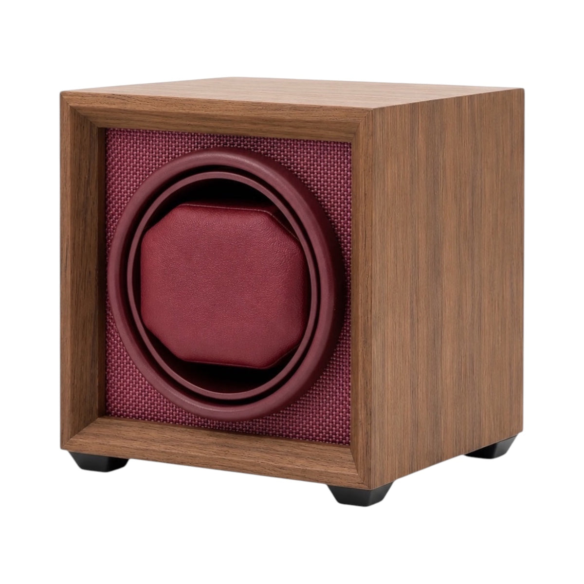 Remontoir pour montre automatique Maison Orvian Aurore en bois de chêne et textile bordeaux au format cube compact