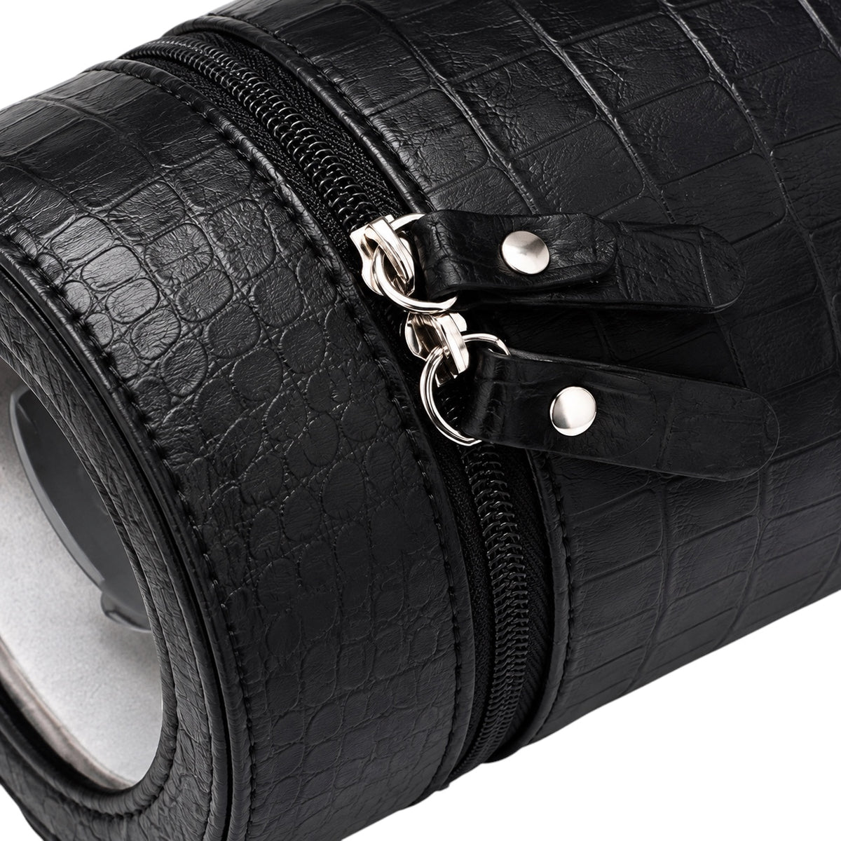 Remontoir de voyage Maison Orvian noir en simili cuir façon crocodile avec fermeture éclair et intérieur en daim