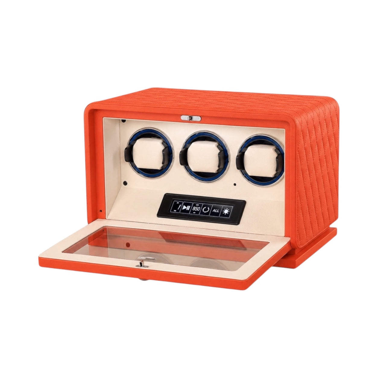 Remontoir pour 3 montres Maison Orvian en cuir orange avec écran tactile et vitrine en verre trempé