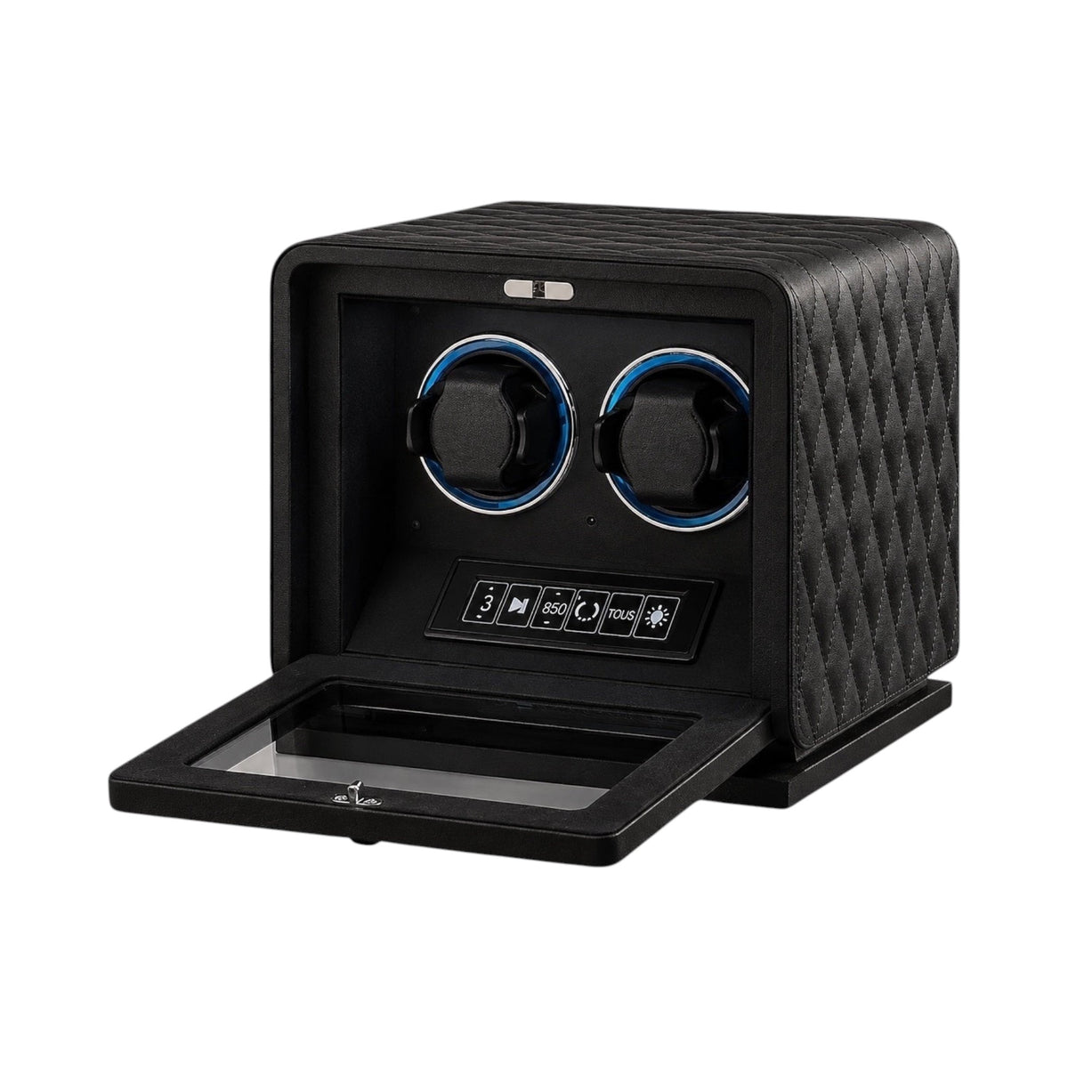 Remontoir Pégase 2 montres Maison Orvian en cuir noir matelassé avec écran tactile et éclairage LED bleu