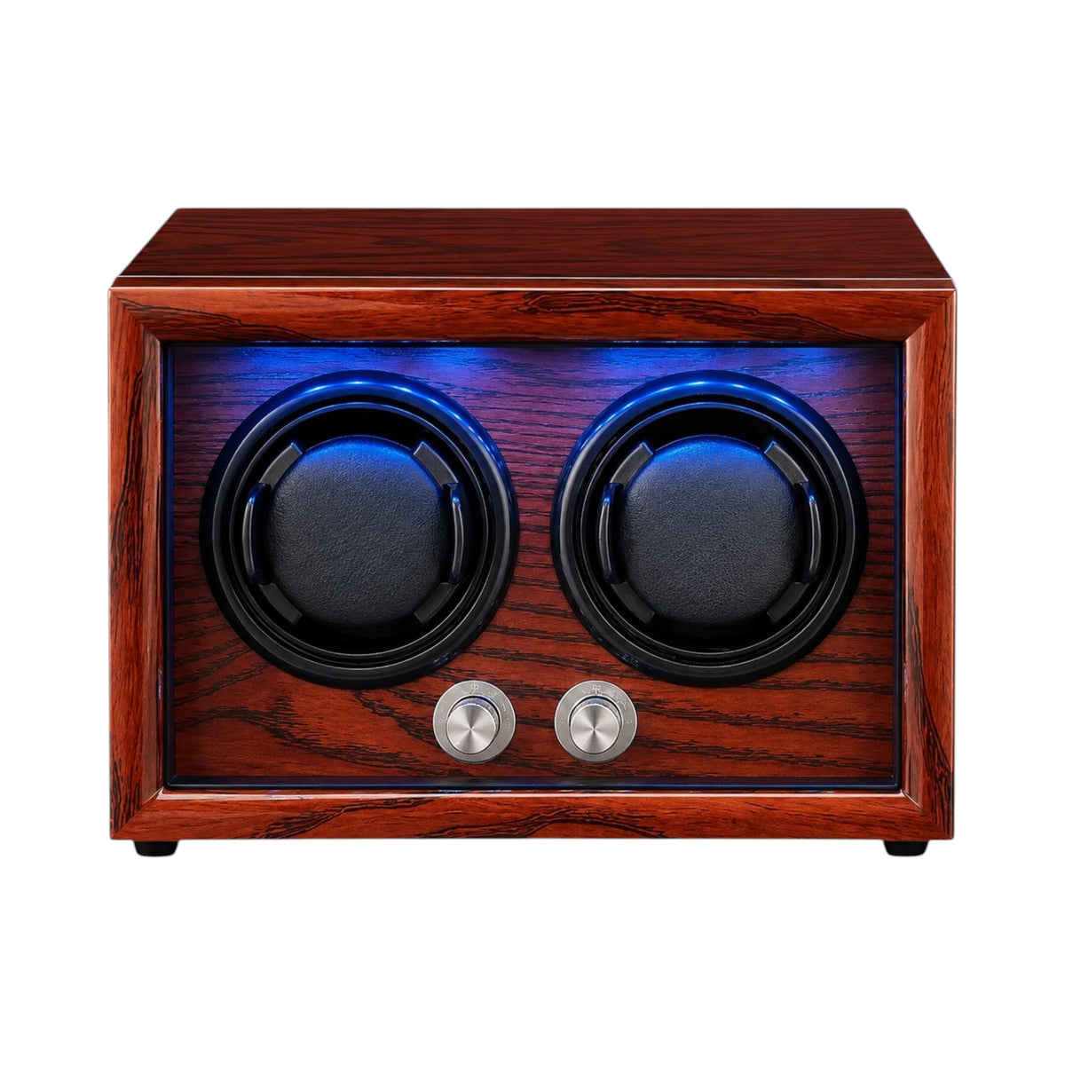 Remontoir double Maison Orvian Castor en noyer massif avec éclairage LED bleu pour deux montres automatiques