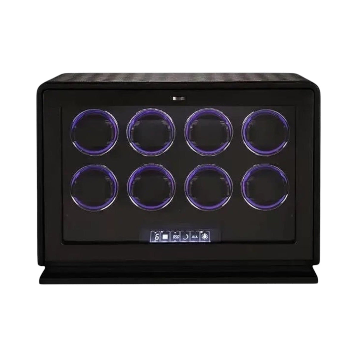Remontoir Pégase 8 montres Maison Orvian en cuir noir avec vitrine en verre et éclairage LED circulaire violet