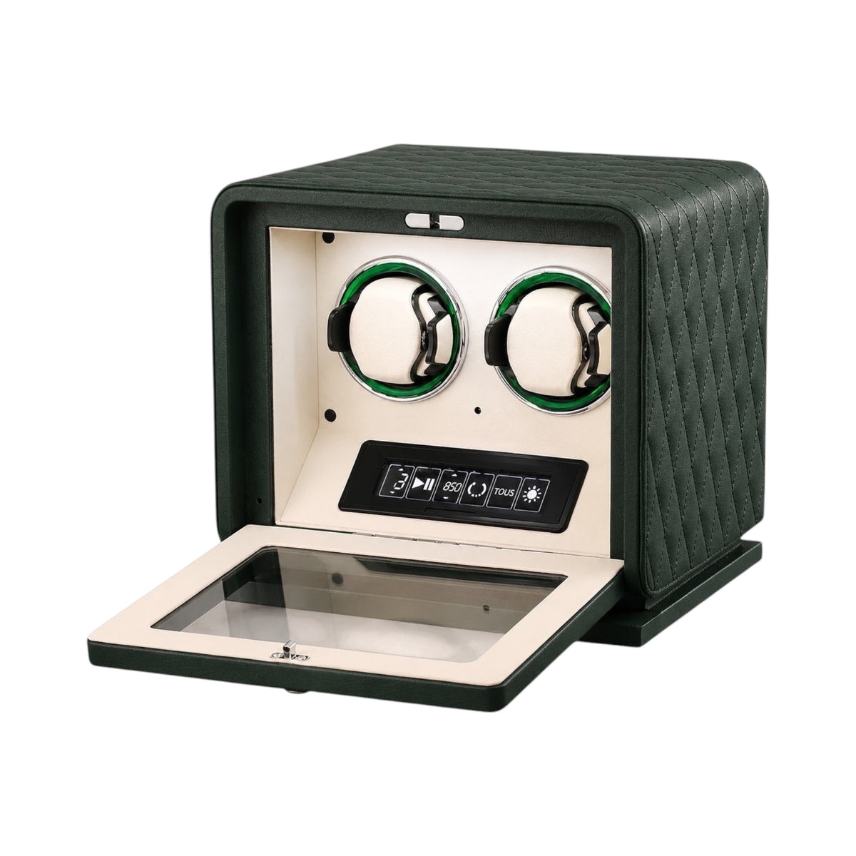 Remontoir Pégase 2 montres Maison Orvian en cuir vert matelassé avec écran tactile et intérieur en microfibre beige