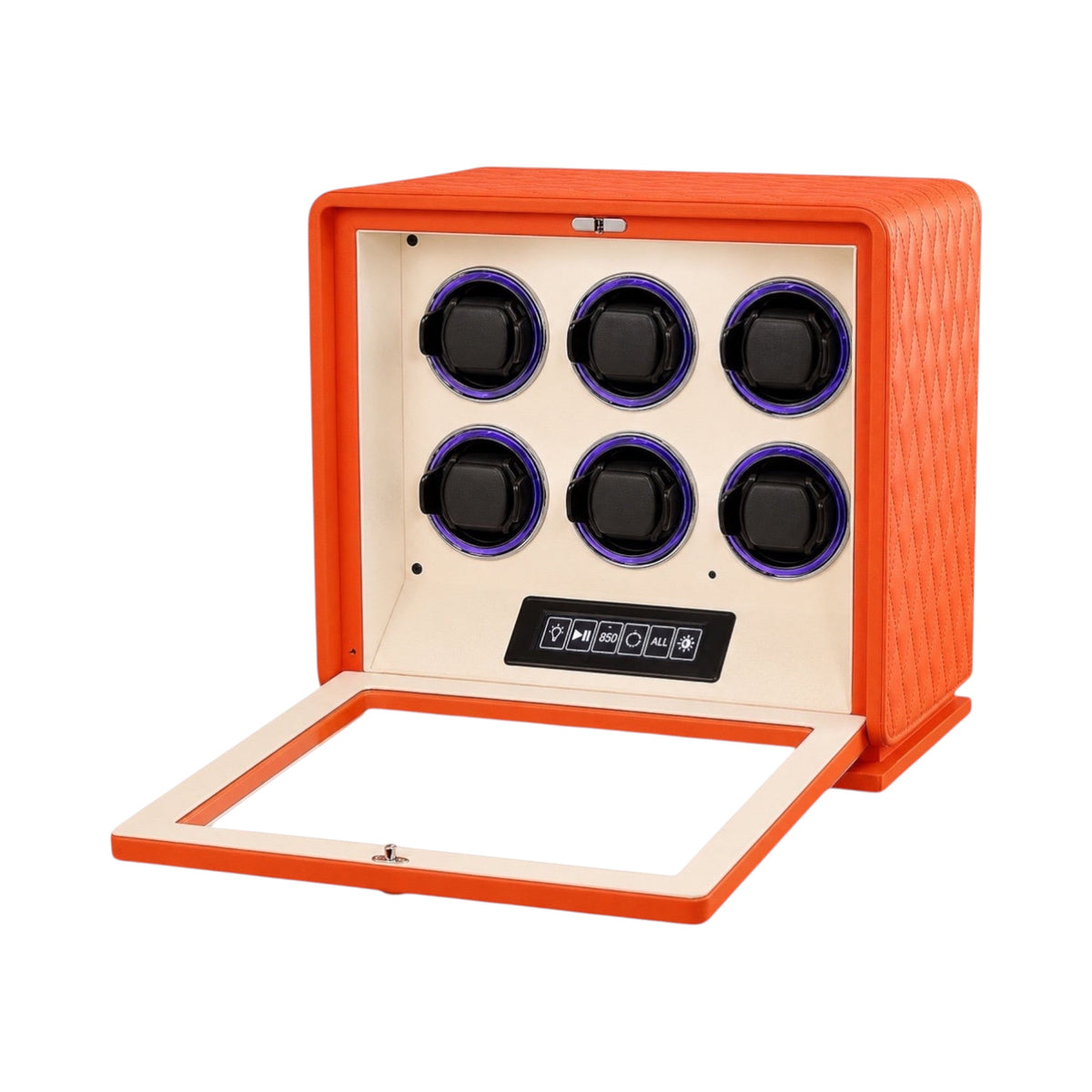 Remontoir Pégase 6 montres Maison Orvian en cuir orange avec vitrine en verre trempé et écran tactile de contrôle